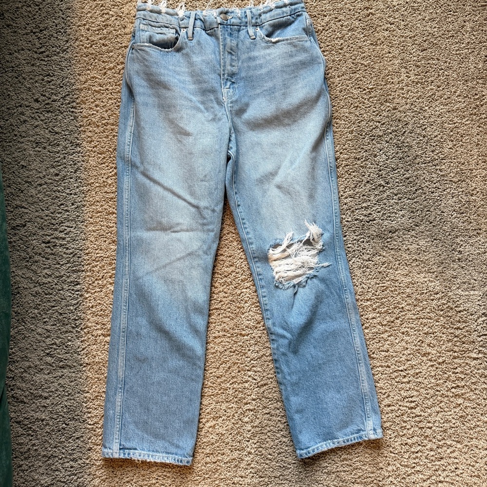 Good American Light Blue Ripped Straight Leg Jeans